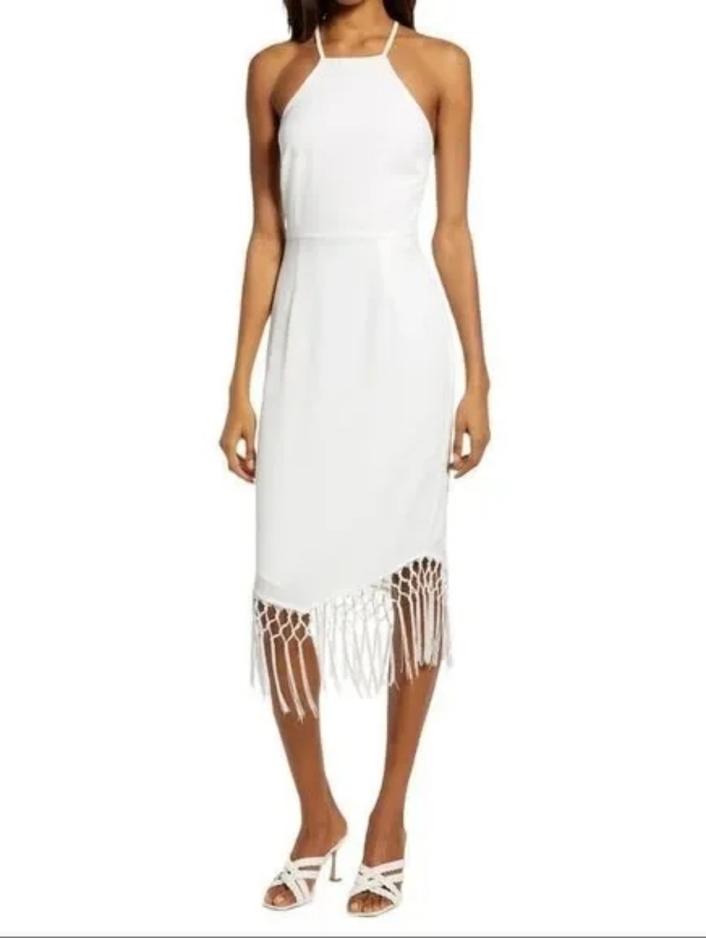 Lulu's Make It Tropical White Halter Fringe Midi Dress